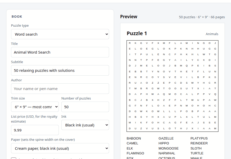 Building a word search book and its cover, then switching to sudoku, mazes, criss-cross fill-ins and crosswords, with pages from each finished PDF