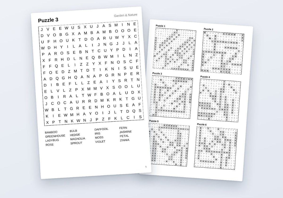 A page from a generated word search book beside its solutions page