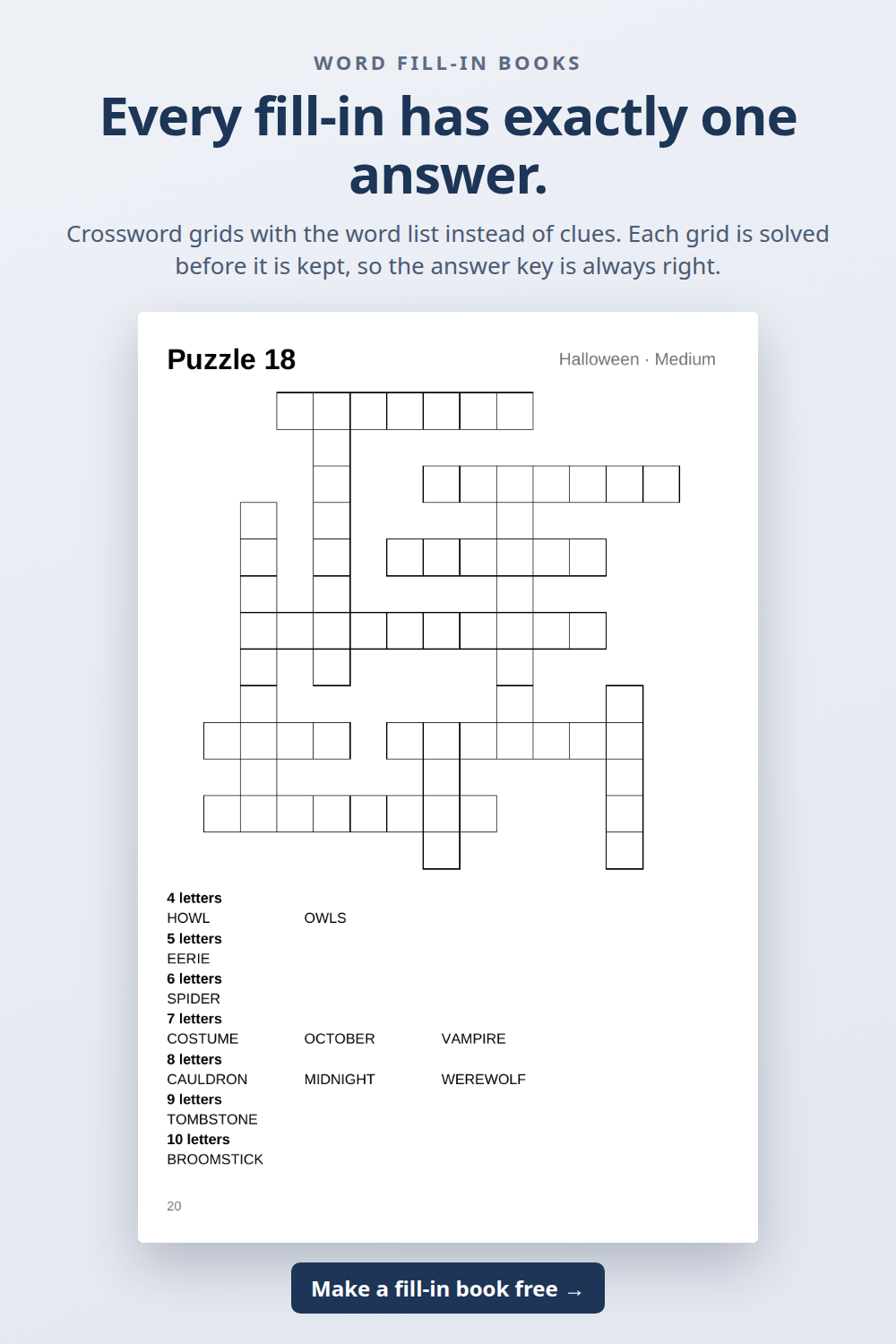 A criss-cross fill-in puzzle page from a generated KDP book