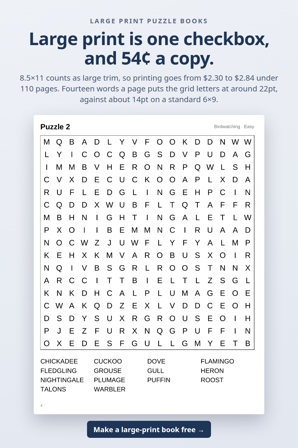 A large print word search page, letters sized for easy reading